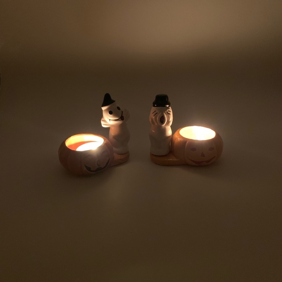 Houston Foods Other - Vintage Retro 1988 Ceramic Pumpkin & Ghost Succulent Tealight Candle Holders Set